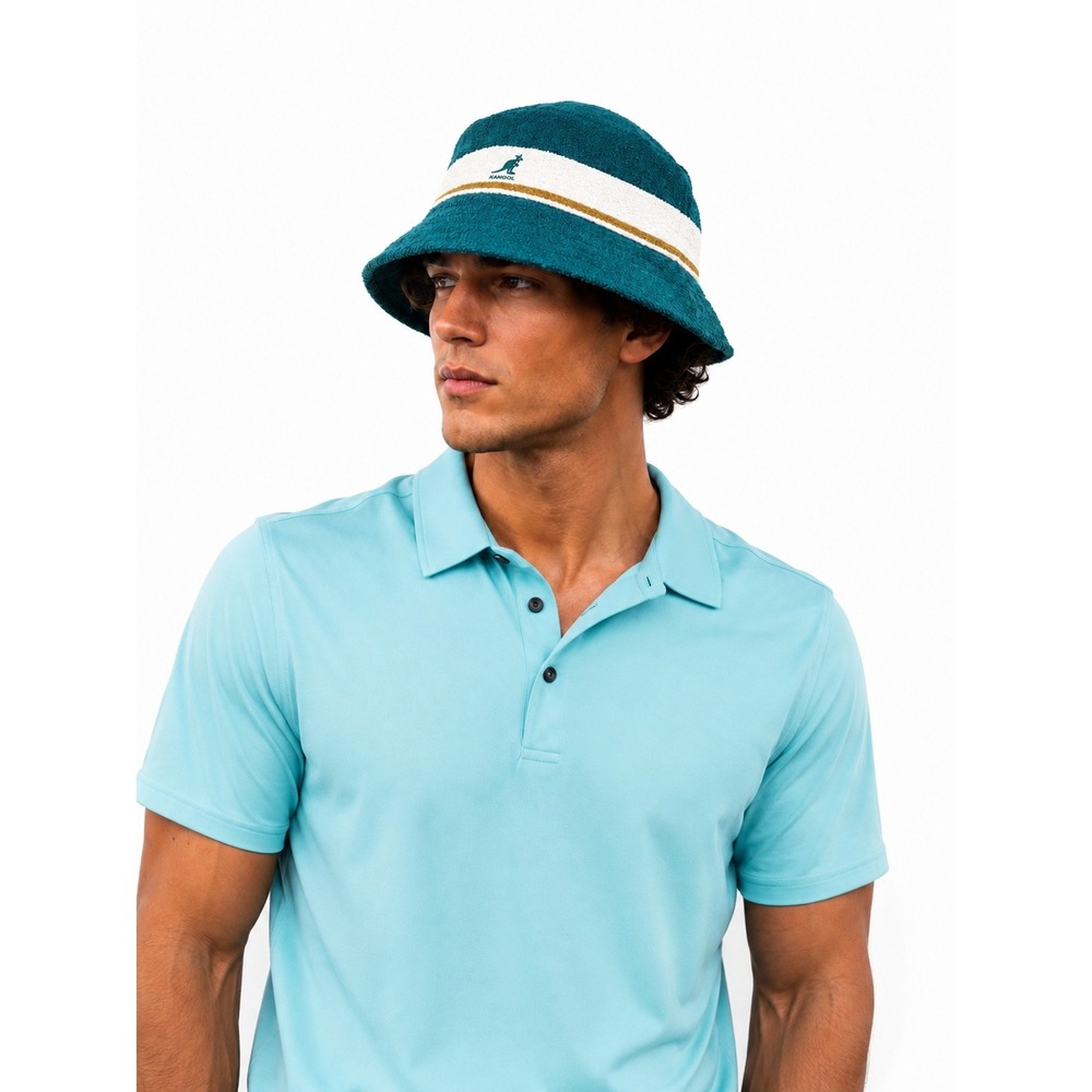 Kangol Bermuda Stripe Bucket Hat Terry Teal White Gold M Streetwear Hip Hop NWOT